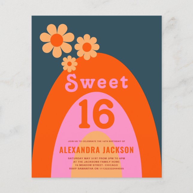 Retro Rainbow Sweet 16 Birthday Party Budget Flyer (Front)