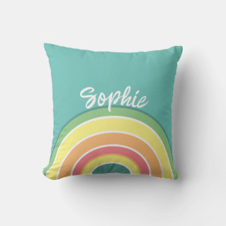 Retro Rainbow Teal Personalized Pillow