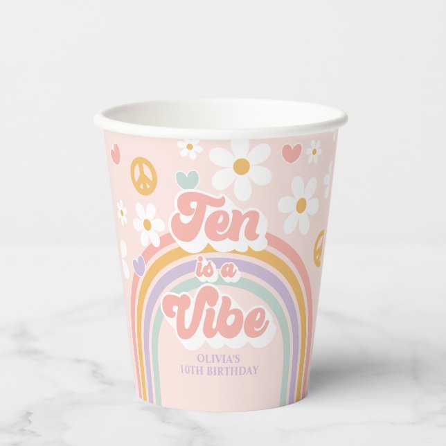 Retro Rainbow Ten is a Vibe 10th Birthday Paper Cups (Front)