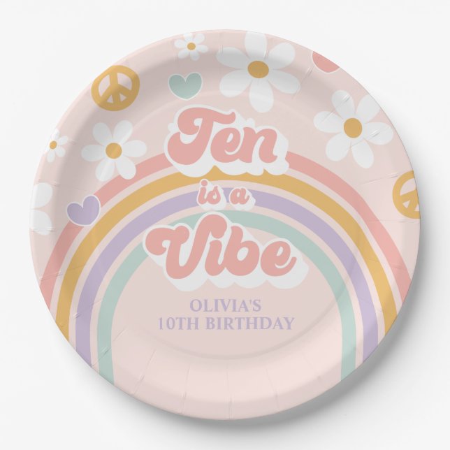 Retro Rainbow Ten is a Vibe 10th Birthday Paper Plate (Front)