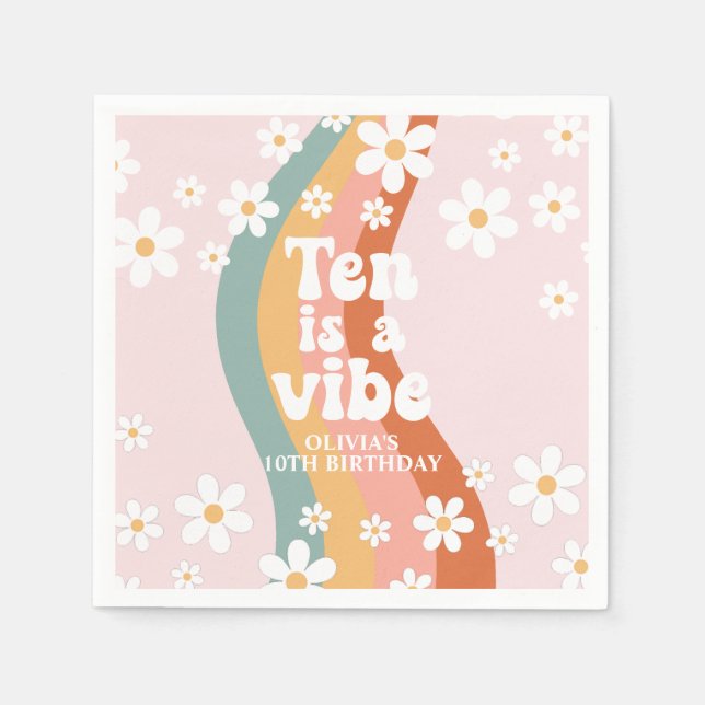 Retro Rainbow Ten is a Vibe Daisy 10th Birthday Napkin (Front)