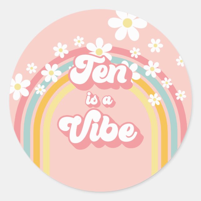 Retro Rainbow Ten is a Vibe Groovy 10th Birthday Classic Round Sticker (Front)