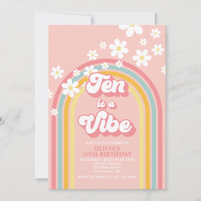 Retro Rainbow Ten is a Vibe Groovy 10th Birthday Invitation (Front)
