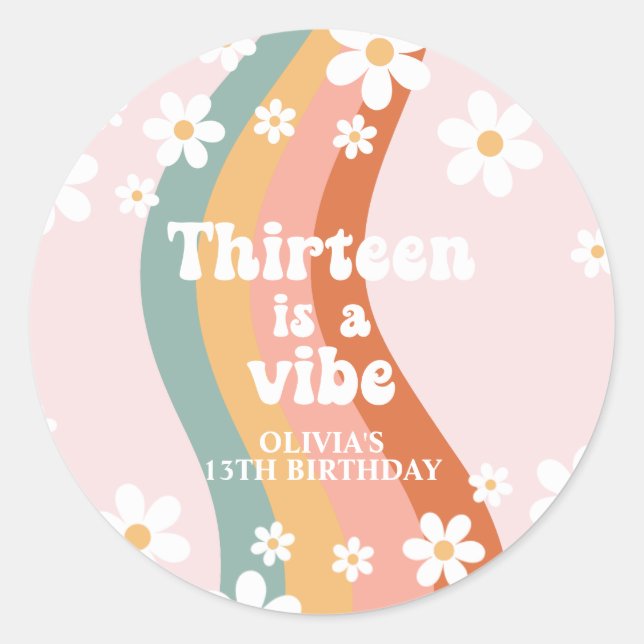 Retro Rainbow Thirteen is a Vibe 13th Birthday Classic Round Sticker (Front)