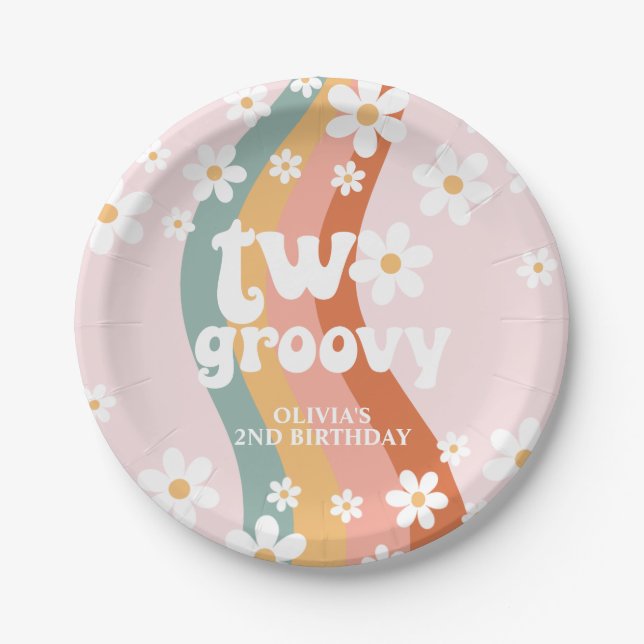 Retro Rainbow Two Groovy Daisy Paper Plate (Front)