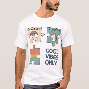 Retro Rainbow & Unicorn Puzzle Good Vibes Only T-Shirt