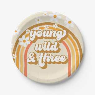Retro Rainbow Young Wild and Three Birthday Paper Plate