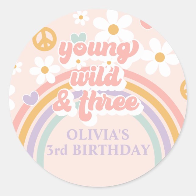 Retro Rainbow Young Wild Three 3rd Birthday Classic Round Sticker (Front)