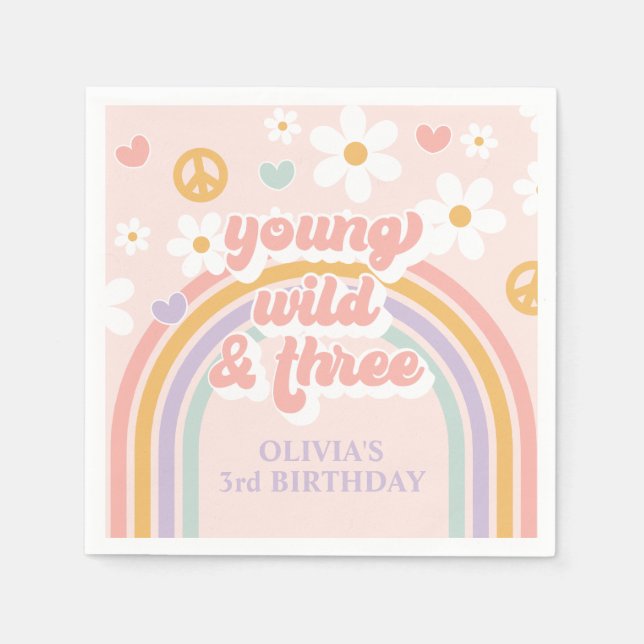Retro Rainbow Young Wild Three 3rd Birthday Napkin (Front)