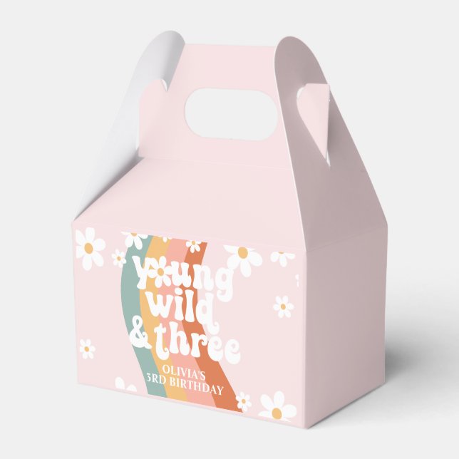 Retro Rainbow Young Wild Three Daisy 3rd Birthday Favor Box (Front Side)