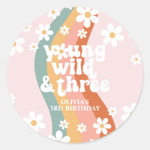 Retro Rainbow Young Wild Three Daisy Classic Round Sticker