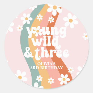 Retro Rainbow Young Wild Three Daisy Classic Round Sticker