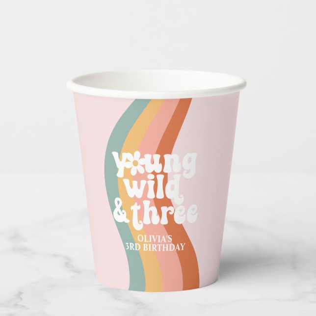 Retro Rainbow Young Wild Three Daisy Paper Cups (Front)