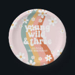 Retro Rainbow Young Wild Three Daisy Paper Plate<br><div class="desc">Retro rainbow swirl young wild and three 3rd birthday party.</div>