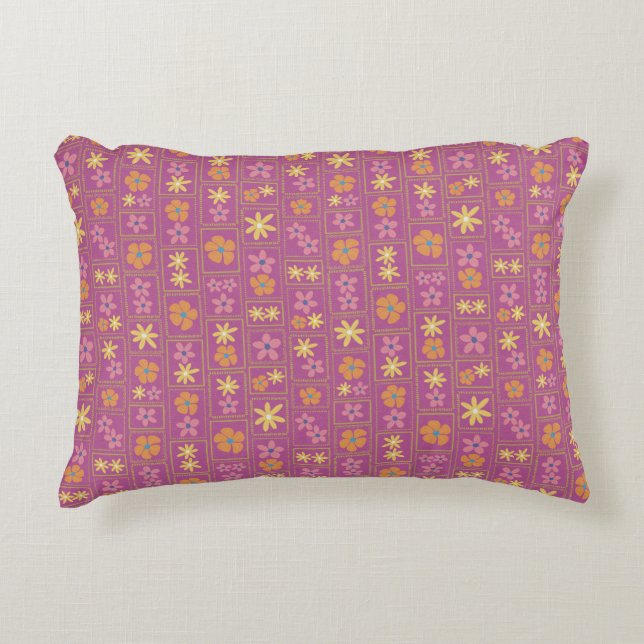 Retro Raspberry Patchwork Floral 16"x12" Accent Pillow (Front)