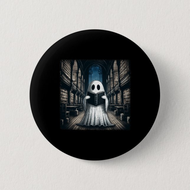 Retro Reading Ghost Library Halloween Librarian Bo 2 Inch Round Button (Front)