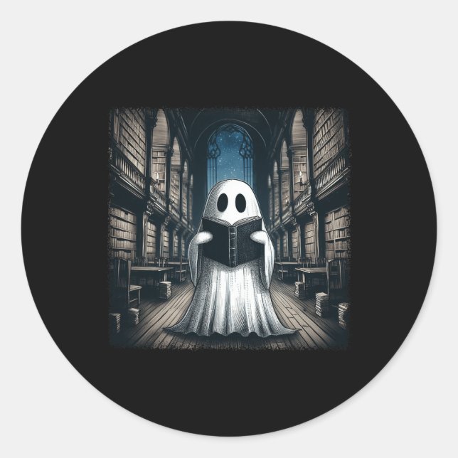 Retro Reading Ghost Library Halloween Librarian Bo Classic Round Sticker (Front)