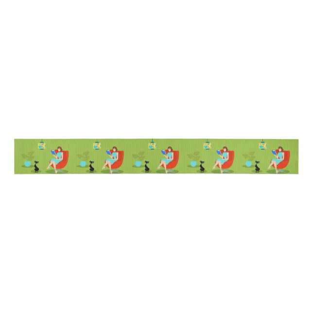 Retro Reading Woman Grosgrain Ribbon (Front)