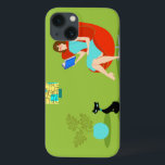 Retro Reading Woman iPad Air Case<br><div class="desc">This Retro Reading Woman iPad Air Case features a 1960's style, minimalist art, cartoon drawing of a woman who has her priorities in order. This delightful bookworm is entranced in a real page-turner. The shapely brunette is wearing an aqua dress and red glasses, while holding a blue book. She is...</div>