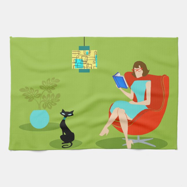 Retro Reading Woman Kitchen Towel (Horizontal)