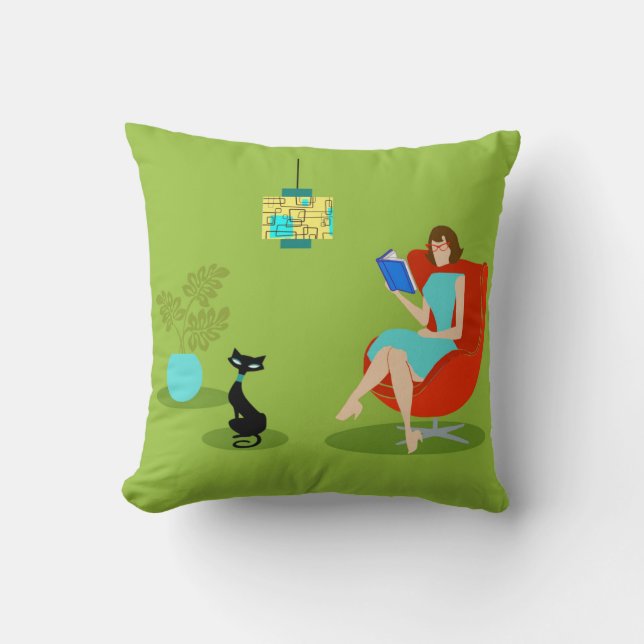 Retro Reading Woman Throw Pillow (Front)
