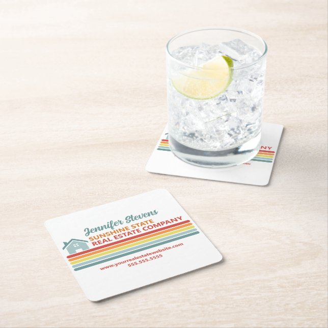 Retro Real Estate Company Open House Marketing Square Paper Coaster (Insitu)