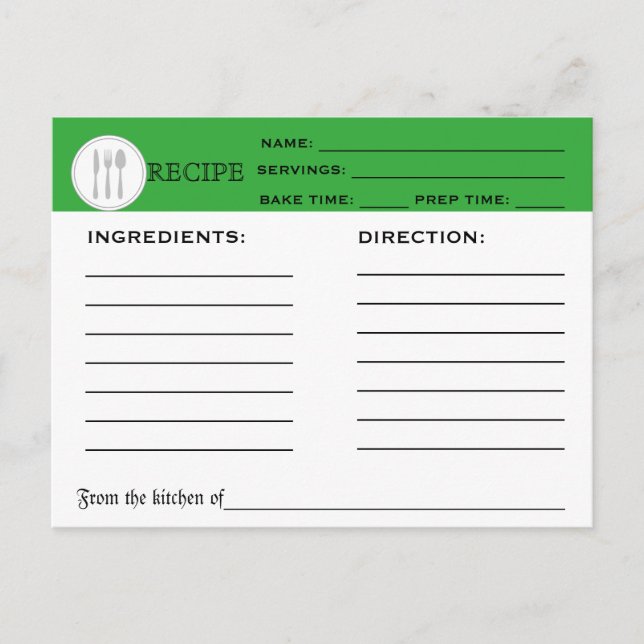 Retro Recipe Green Chef Card Kitchen Tools Striped (Front)