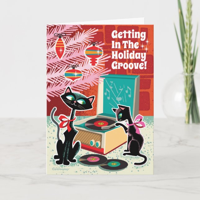 Retro Record Player Cats Christmas Cards (Front)