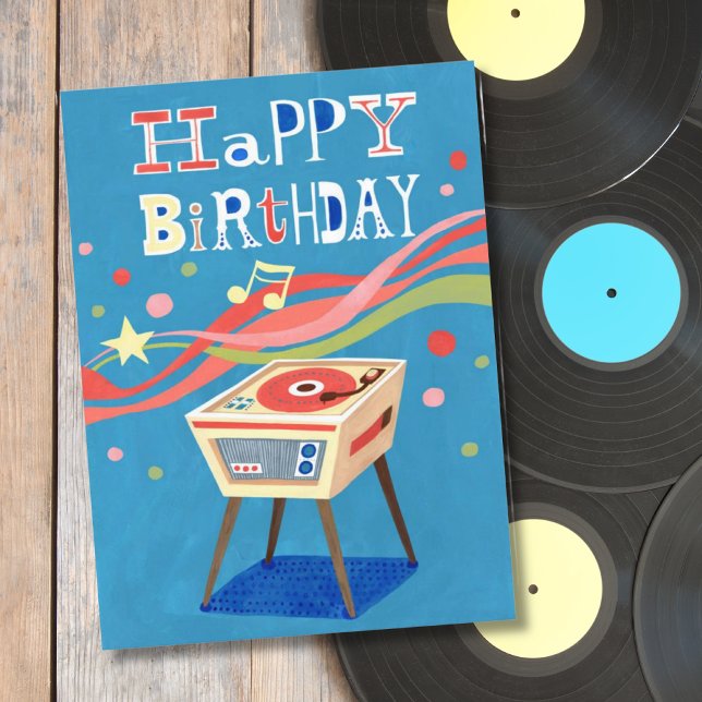Retro Record Player Happy Birthday Postcard (Creator Uploaded)
