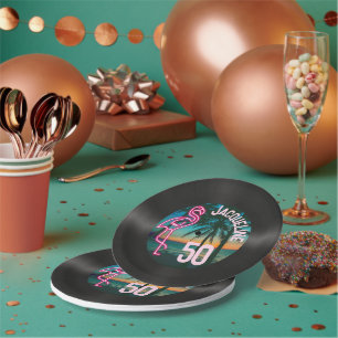 Retro Record Tropical Neon Flamingo 50th Birthday Paper Plate