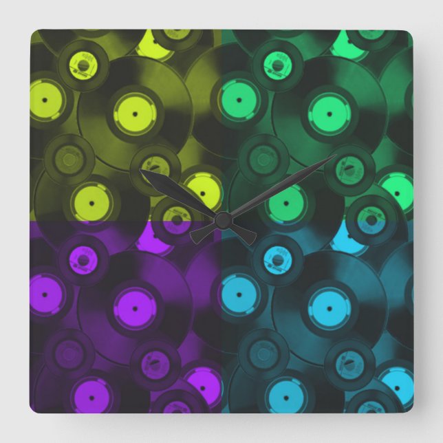 Retro Records Neon Colourful Collage Square Wall Clock (Front)
