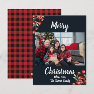 Retro Red and Black Plaid Photo Holiday Card