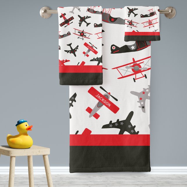 Retro Red and Black WWII Military Airplane Pattern Bath Towel Set (Creator Uploaded)