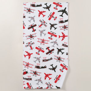 Retro Red and Black WWII Military Airplane Pattern Beach Towel