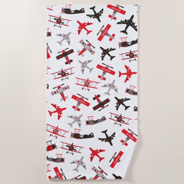 Retro Red and Black WWII Military Airplane Pattern Beach Towel (Front)