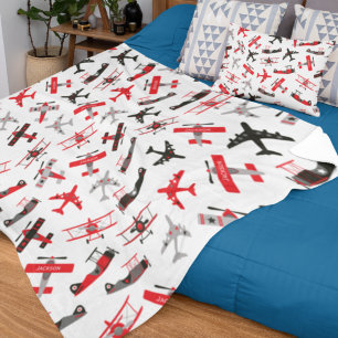 Retro Red and Black WWII Military Airplane Pattern Fleece Blanket