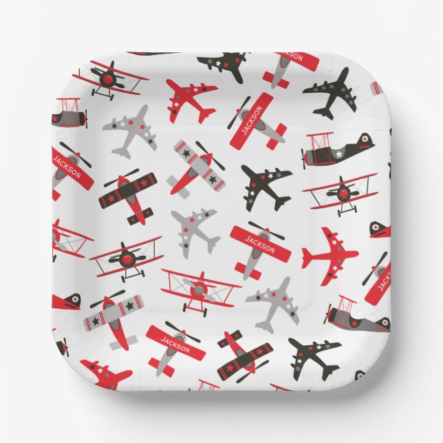 Retro Red and Black WWII Military Airplane Pattern Paper Plate (Front)