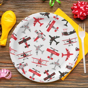 Retro Red and Black WWII Military Airplane Pattern Paper Plate