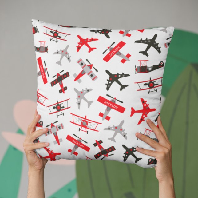 Retro Red and Black WWII Military Airplane Pattern Throw Pillow (Creator Uploaded)