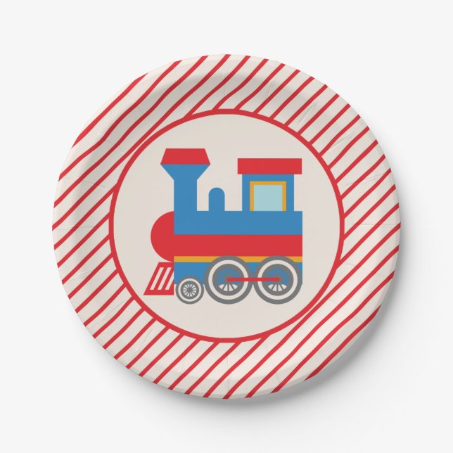Retro Red and Blue Train Paper Plate (Front)