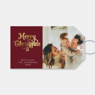 Retro Red and Gold Merry Christmas Family Photo Gift Tags