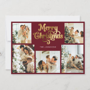 Retro Red and Gold Merry Christmas Family Photo Holiday Card