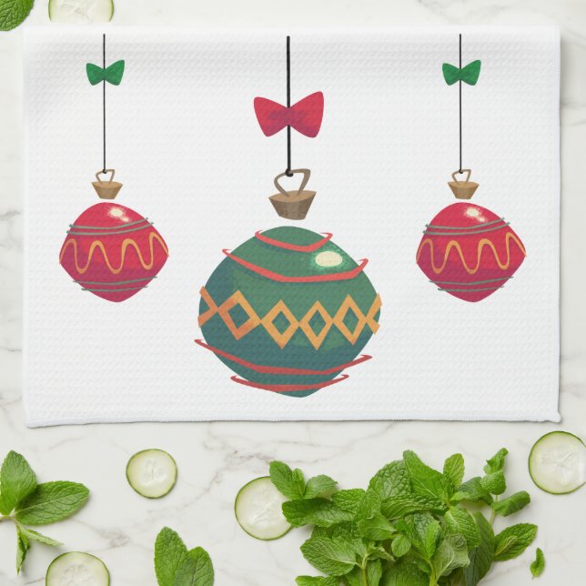 Retro Red and Green Christmas Ornaments Kitchen Towel (Folded)