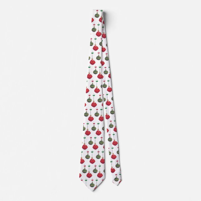 Retro Red and Green Christmas Ornaments Tie (Front)