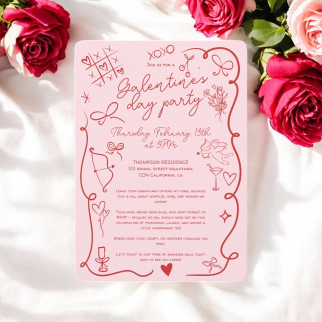Retro Red and Pastel Pink Galentine's Day Party  Invitation (Retro Red and Pastel Pink Galentine's Day Party Invitation)