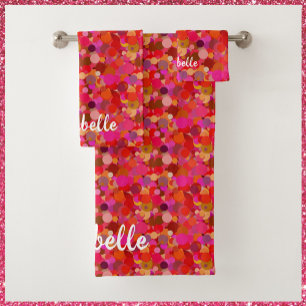 Retro Red and Pink Circle Pattern Bath Towel Set