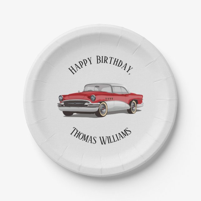 Retro Red and White Buick birthday party Paper Plate (Front)