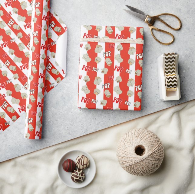 Retro Red and White Striped Popcorn Pattern Wrapping Paper (Crafts)