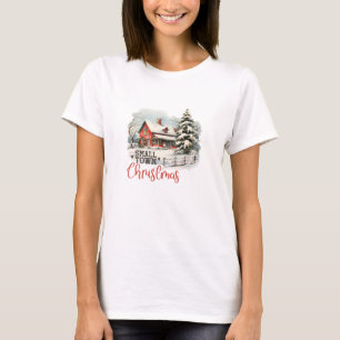 Retro red barn small town Christmas scene cozy T-Shirt