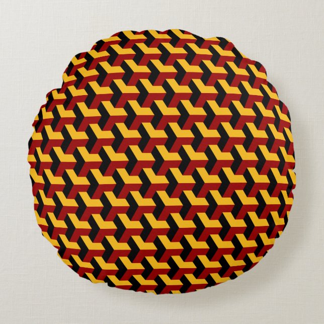 Retro Red Black Barcelona Geometric Block Pattern Round Pillow (Front)